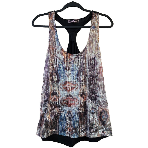 Almost Famous Womens Racerback Tank Top SIze M Sequined Sheer Front - Picture 1 of 8